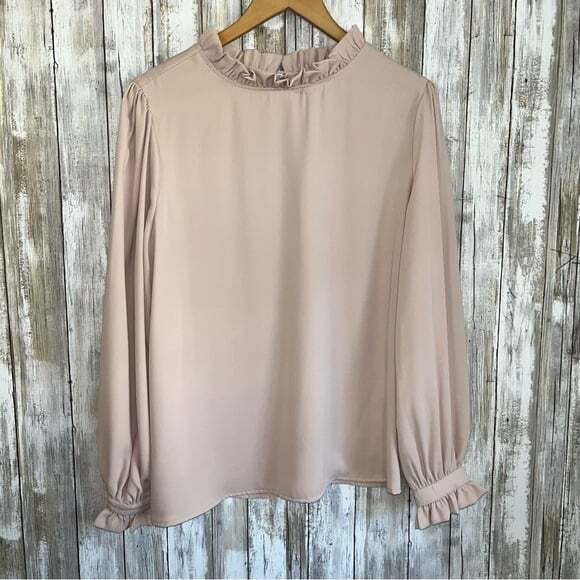 Zenana Outfitters Tops - Zenana Beige Ruffle Edge Long Sleeve Blouse